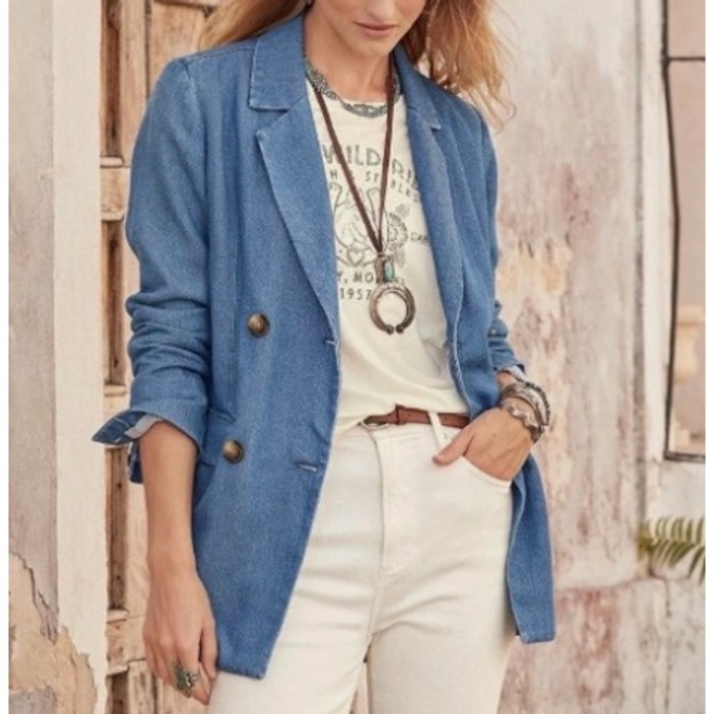 Sundance Oaklee Denim Blazer Womens L Blue Double Breasted Lyocell Jacket